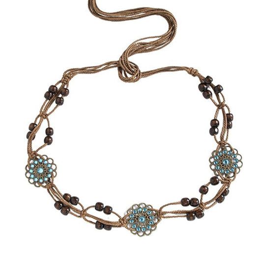 Ani Accessories bohemian wooden beaded belt for women, displayed as a waist belt on a white background.