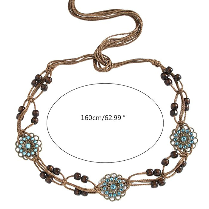 Women’s belt by Ani Accessories featuring bohemian wooden beads for waist styling on a white background showing size.
