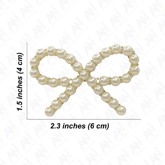 Elegant Bow Pearl Brooch for Saree, Hair, Hijab, Bridal & Wedding, measuring 2.3 inches by 1.5 inches