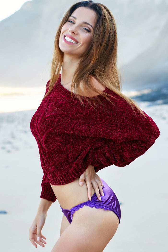 Purple satin bikini panties with lace trim and ruffled waistband