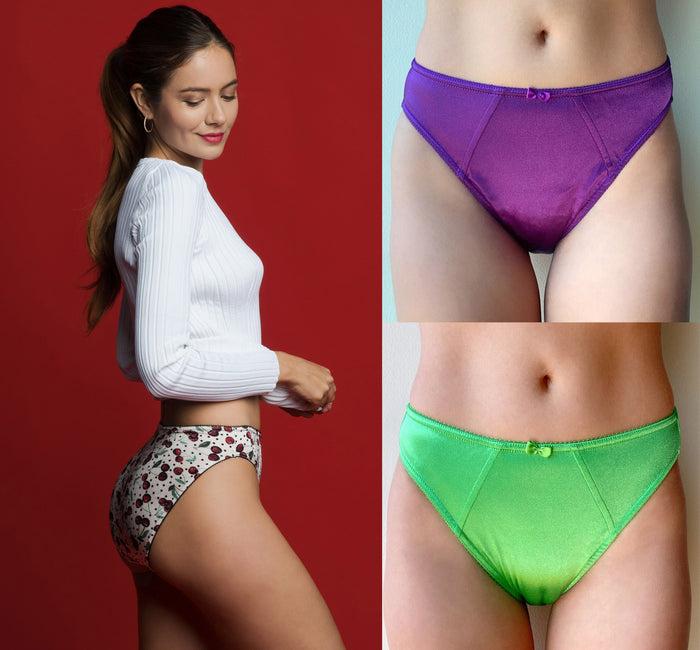Princess Laura panties, purple and green mid-rise bikini style briefs with lace trim