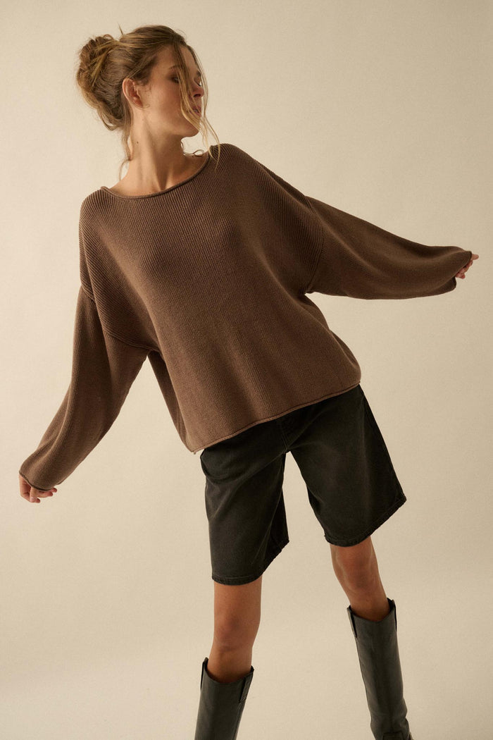 Chill Vibes Rolled-Edge Ribbed Knit Sweater - ShopPromesa