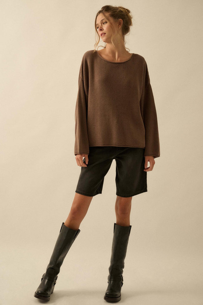 Chill Vibes Rolled-Edge Ribbed Knit Sweater - ShopPromesa