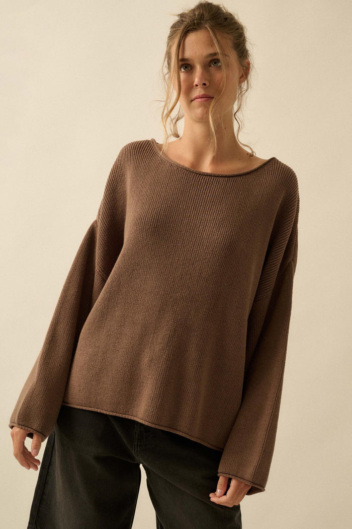 Chill Vibes Rolled-Edge Ribbed Knit Sweater - ShopPromesa