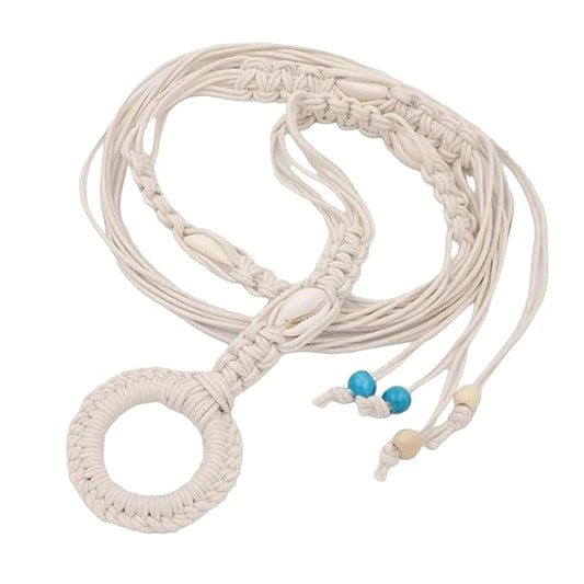 Ani Accessories Womens Belt Beige macrame tie belt with cowrie shells and a large woven circular buckle. Ends feature turquoise and natural wood beads.