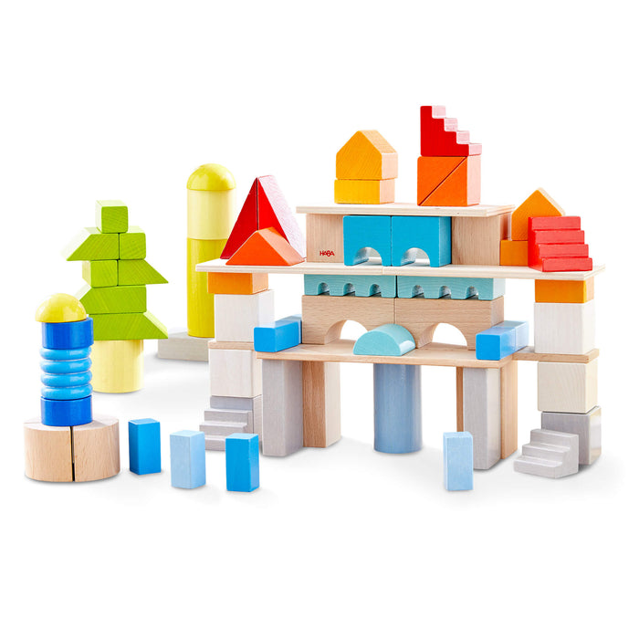 Colored Wooden Building Blocks - 85 Piece Set - Babies in Bloom