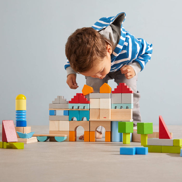 Colored Wooden Building Blocks - 85 Piece Set - Babies in Bloom