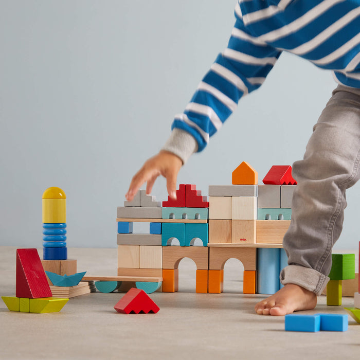 Colored Wooden Building Blocks - 85 Piece Set - Babies in Bloom