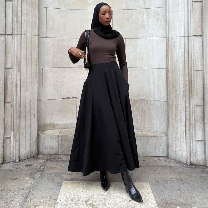 Cotton Jersey Maxi A-Line Skirt - Black