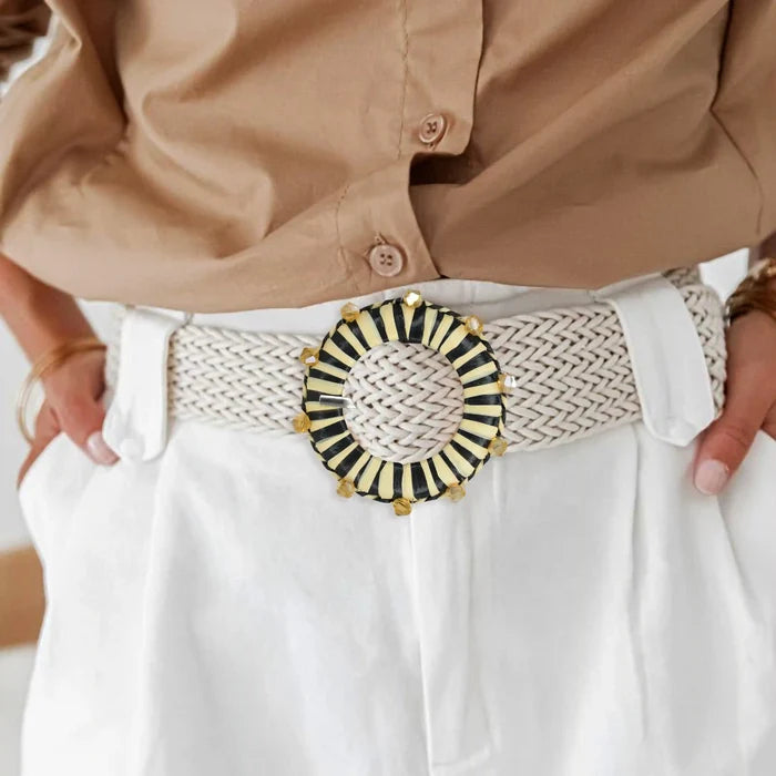 Ani Accessories cowrie shell boho raffia buckle handmade woven straw buckle for belts bags DIY fashion craft