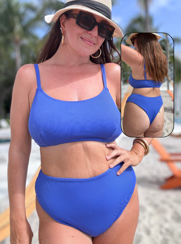Cozy Cobalt Blue Rib High Waist Cheeky Bikini Bottom