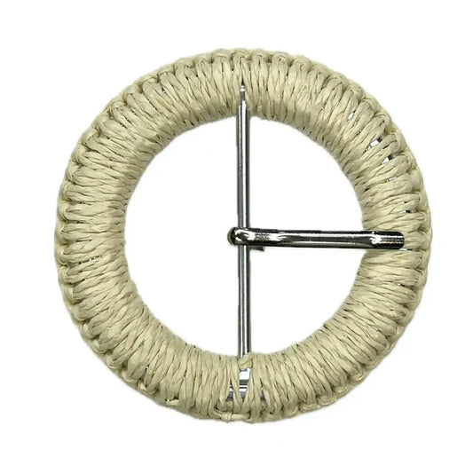 Ani Accessories Woven braided cream Circle raffia buckle with prong on white background