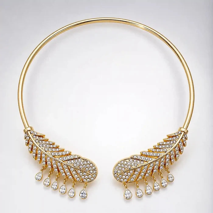 Crystal-Encrusted Gold Feather Torque Necklace