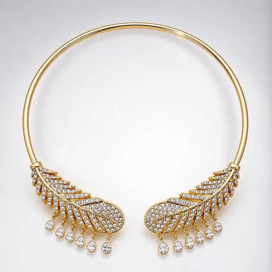 Crystal-Encrusted Gold Feather Torque Necklace