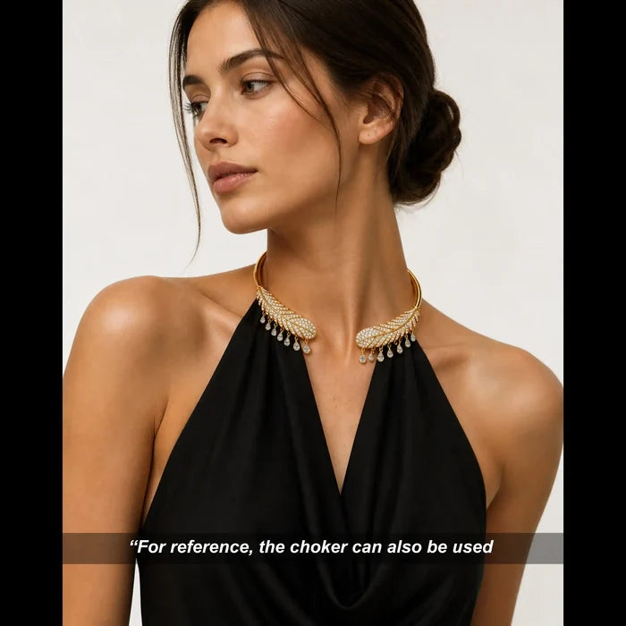 Crystal-Encrusted Gold Feather Torque Necklace