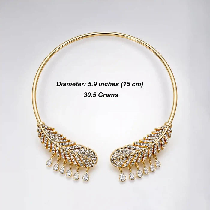 Crystal-Encrusted Gold Feather Torque Necklace