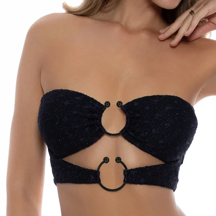 Ani Accessories Curved Circular Elegance Thick Black Metal Buckle  on the model glitter strapless top in the white background.