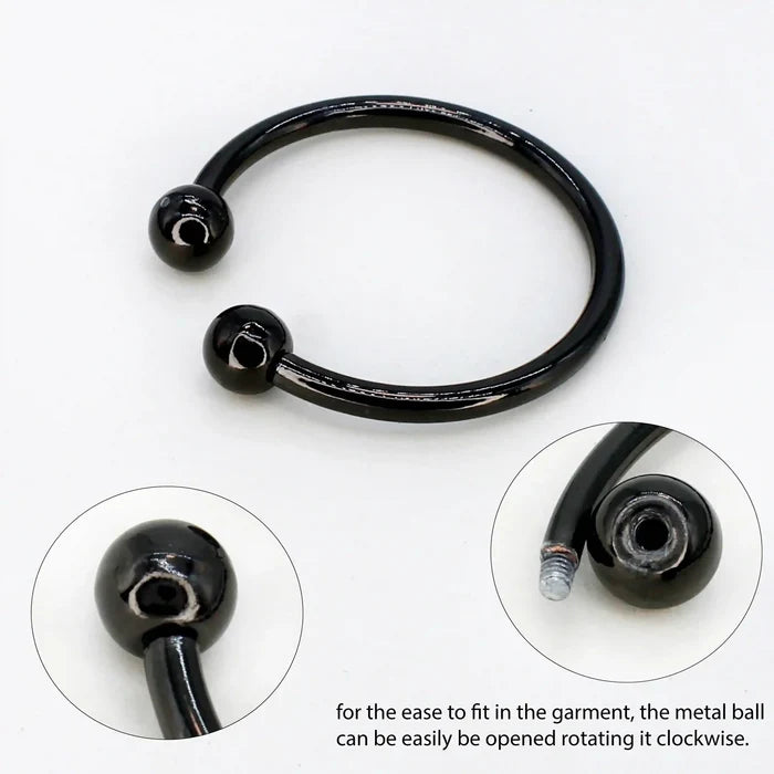 Ani Accessories Curved Circular Elegance Thick  Black Metal Buckle  with zooming on the tip of the buckle with showing how to open the tip of the ball of the buckle in other small image in the white background.