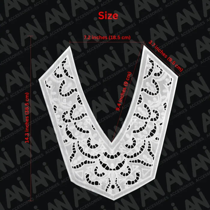 Ani Accessories cutwork yoke neck collar featuring detailed & size stitching for elegant garment embellishment and sewing.