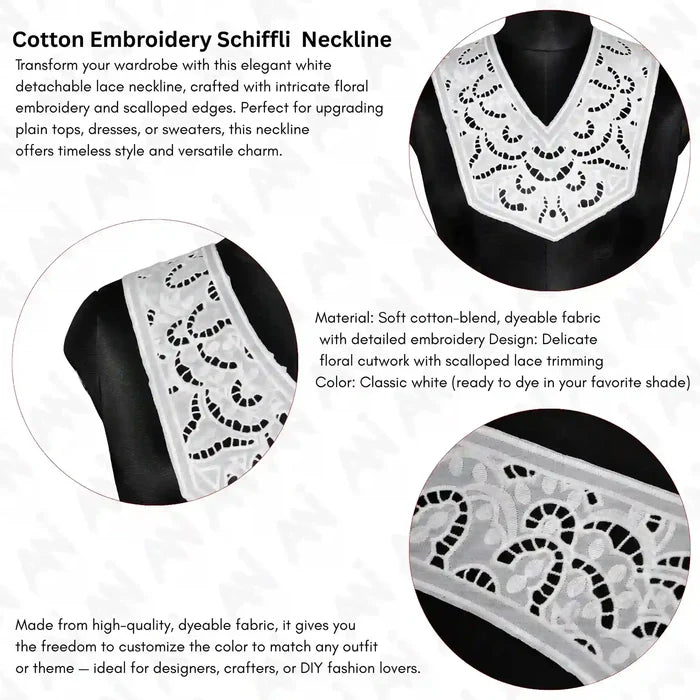 Infographic of Elegant cutwork yoke neck collar by Ani Accessories designed for dresses, blouses, and festive outfit decoration.