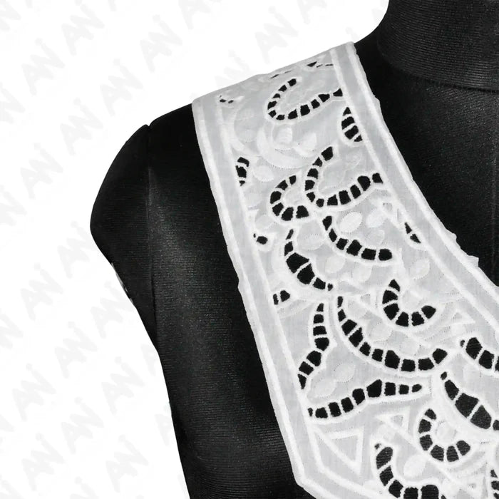 Close up shoot of Cutwork yoke neck collar by Ani Accessories with delicate floral motifs, ideal for tailoring and custom clothing projects.