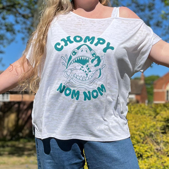 Debbie Off-Shoulder Tee - Chompy Shark Print