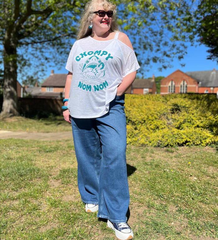 Debbie Off-Shoulder Tee - Chompy Shark Print
