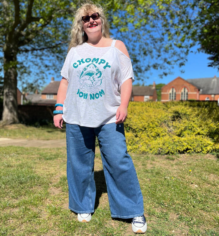 Debbie Off-Shoulder Tee - Chompy Shark Print