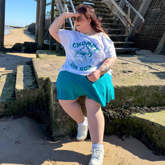Debbie Off-Shoulder Tee - Chompy Shark Print