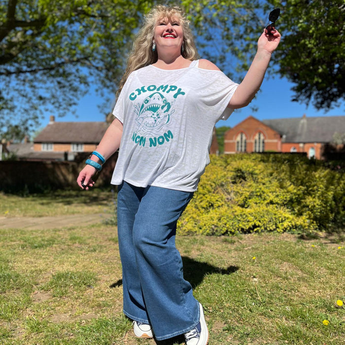 Debbie Off-Shoulder Tee - Chompy Shark Print