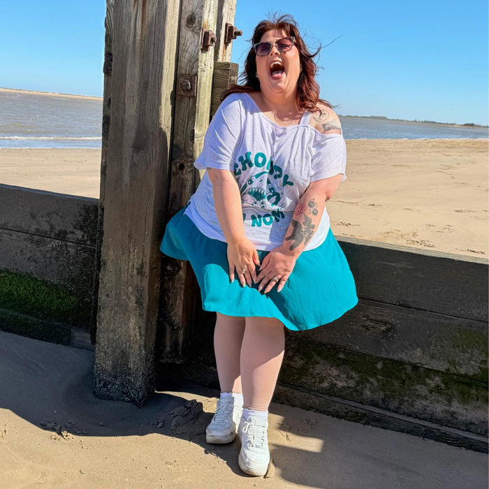 Debbie Off-Shoulder Tee - Chompy Shark Print
