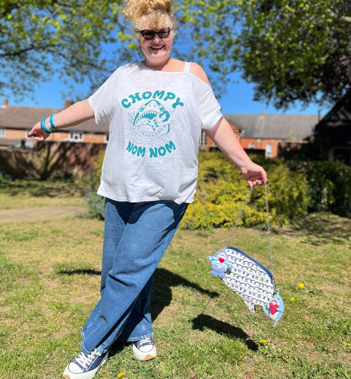 Debbie Off-Shoulder Tee - Chompy Shark Print
