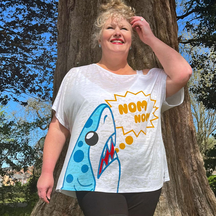 Debbie Off-Shoulder Tee - NOM-NOM Shark Print