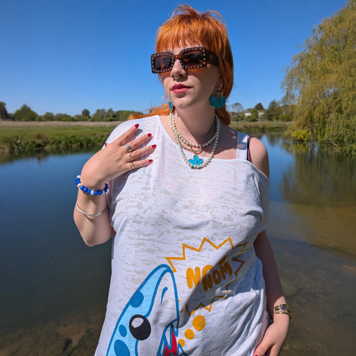 Debbie Off-Shoulder Tee - NOM-NOM Shark Print