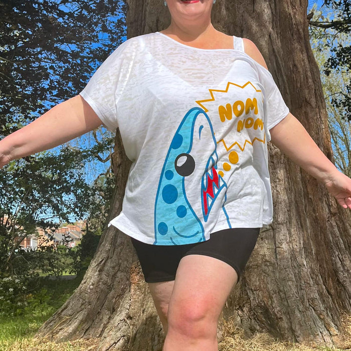 Debbie Off-Shoulder Tee - NOM-NOM Shark Print