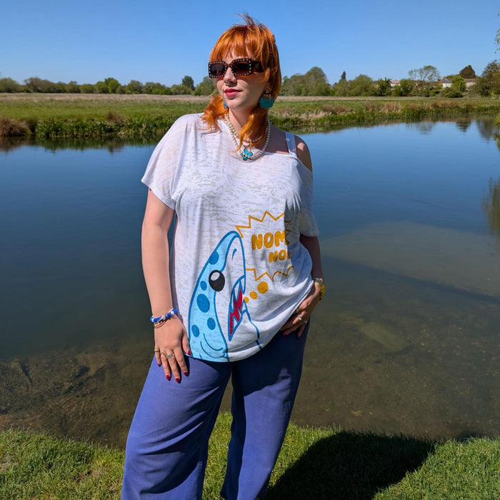 Debbie Off-Shoulder Tee - NOM-NOM Shark Print