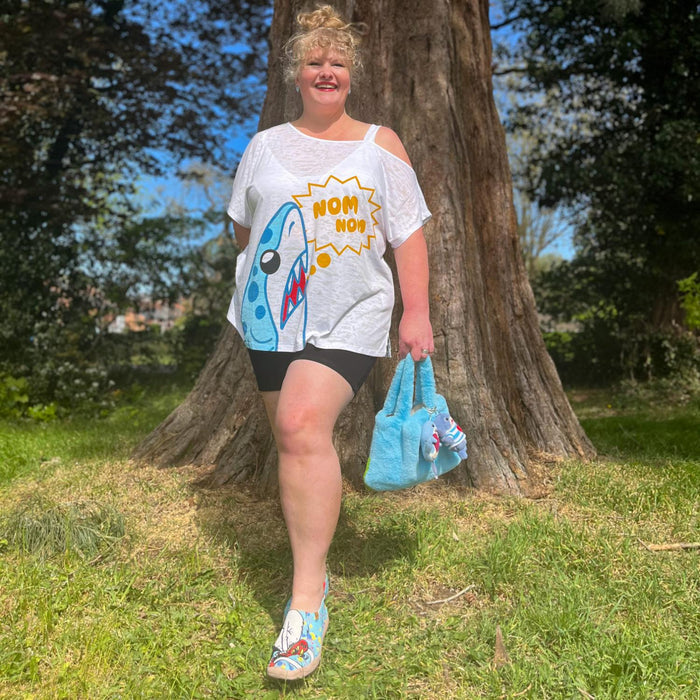 Debbie Off-Shoulder Tee - NOM-NOM Shark Print