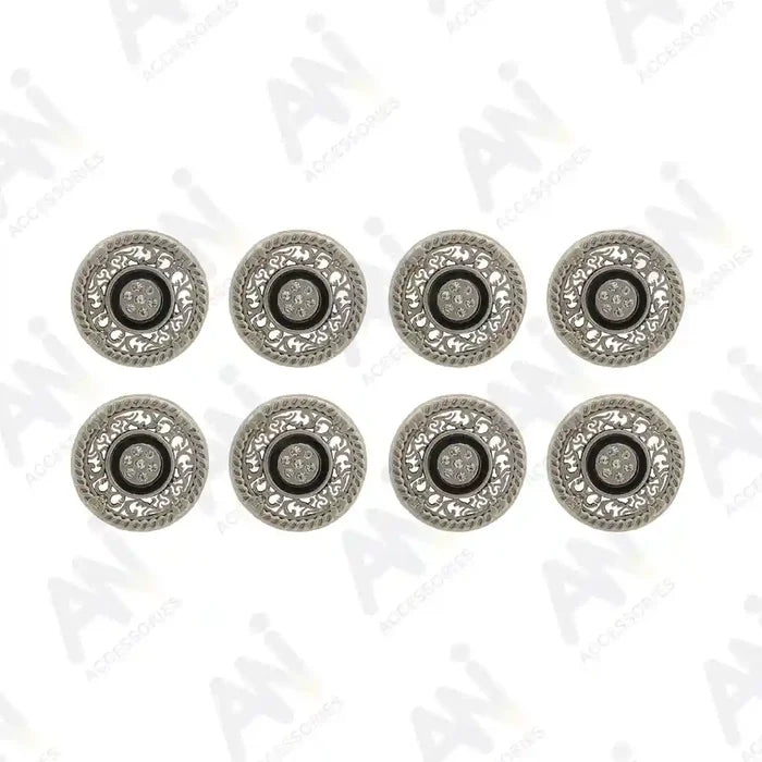 8 small decorative silver metal buttons with rhinestone accents by Ani Accessories, ideal for adding sparkle to clothing.