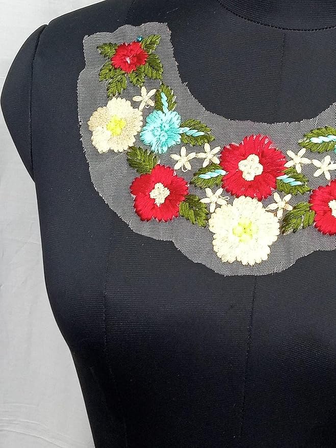 Premium red colorful neckline sew patch with detailed embroidery, ideal for sewing on dresses, blouses, and kurtis