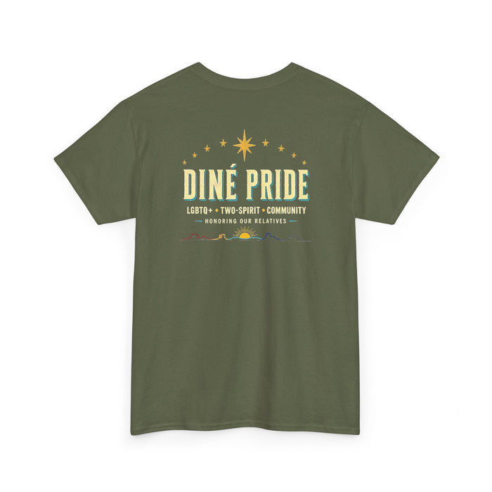 Back of Diné Pride T-shirt reading LGBTQ+ Two-Spirit Community and Honoring Our Relatives