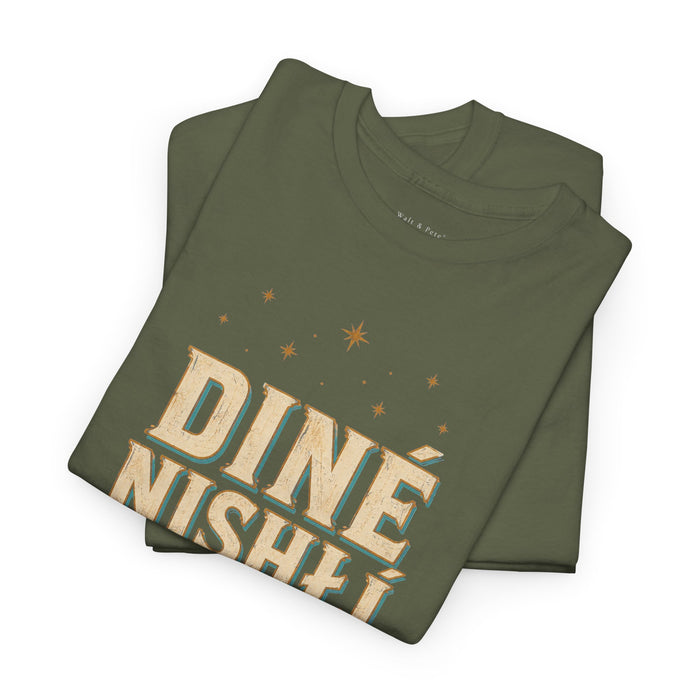 Front of Diné Nizhóní Pride T-shirt with stars, Pride colors, sunrise, and Sacred Proud Diné message