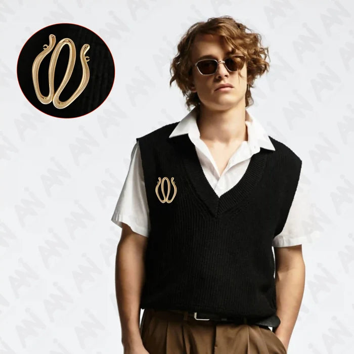 Ani Accessories Double Wave Design Metal Buckle/ Broach on the model half black swearer in the white background.