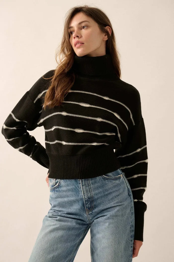 Draw the Line Striped Banded Turtleneck Sweater - ShopPromesa