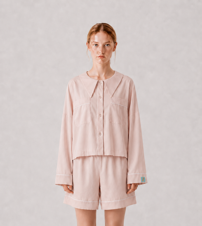 front view Woman wearing the PEKGEE Dream Of Tone Dream Petal Korean cotton linen pyjama set long sleeve short pants.