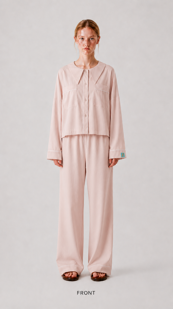 front view Woman wearing the PEKGEE Dream Of Tone Dream Petal Korean cotton linen pyjama set long sleeve long pants.