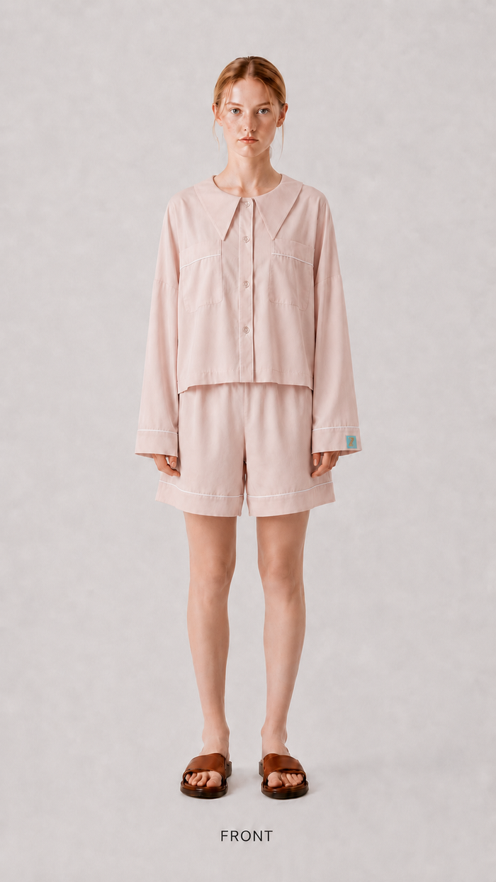 front view Woman wearing the PEKGEE Dream Of Tone Dream Petal Korean cotton linen pyjama set long sleeve short pants.