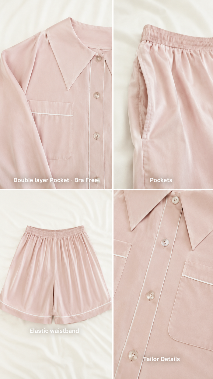 Close-up of the PEKGEE Dream Of Tone pyjama set showcasing the double-layer bra-free friendly pocket, functional pants pockets, comfortable back elastic waistband, premium Korean cotton linen fabric, and tailored stitching details.