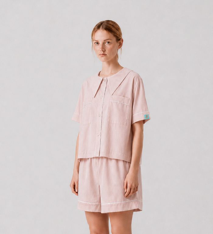 Side view of the PEKGEE Dream Of Tone Dream Petal Korean cotton linen pyjama set short sleeve short pants