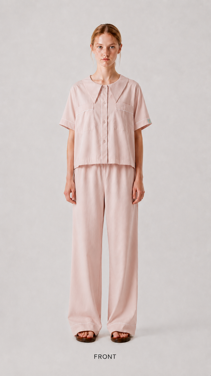 Front view of the PEKGEE Dream Of Tone Dream Petal Korean cotton linen pyjama set short sleeve long pants