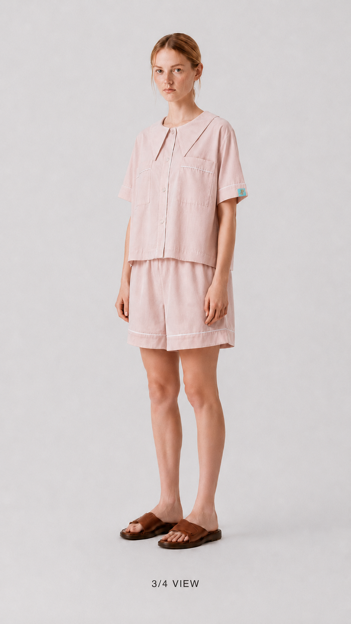 Side view of the PEKGEE Dream Of Tone Dream Petal Korean cotton linen pyjama set short sleeve short pants